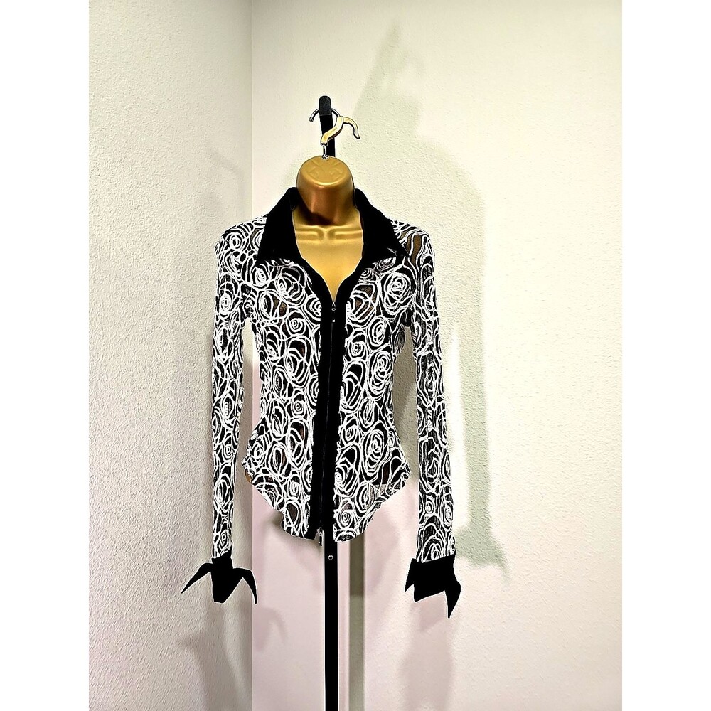 Samuel Dong Sheer Jacket Womens Small 3D Ribbon Embroidered Flip Cuffs Full Zip